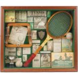 Sporting interest glazed mahogany wall hanging tennis diorama, overall 71cm x 61cm