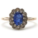 9ct gold blue and white sapphire cluster ring, size K, 2.4g