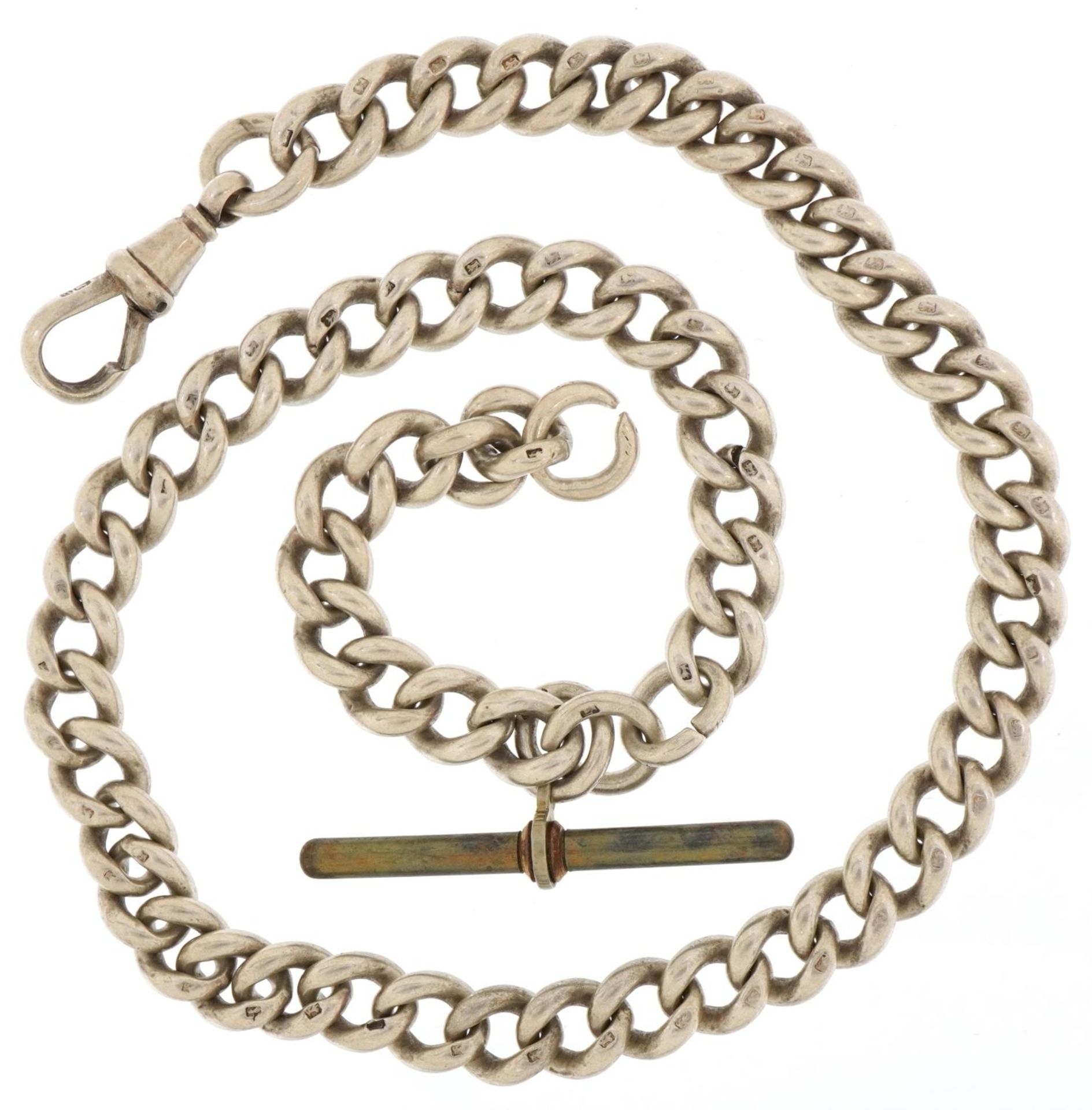 Silver watch chain with swivel dog clip clasp and white metal T bar, 36cm in length, 54.0g - Bild 2 aus 3