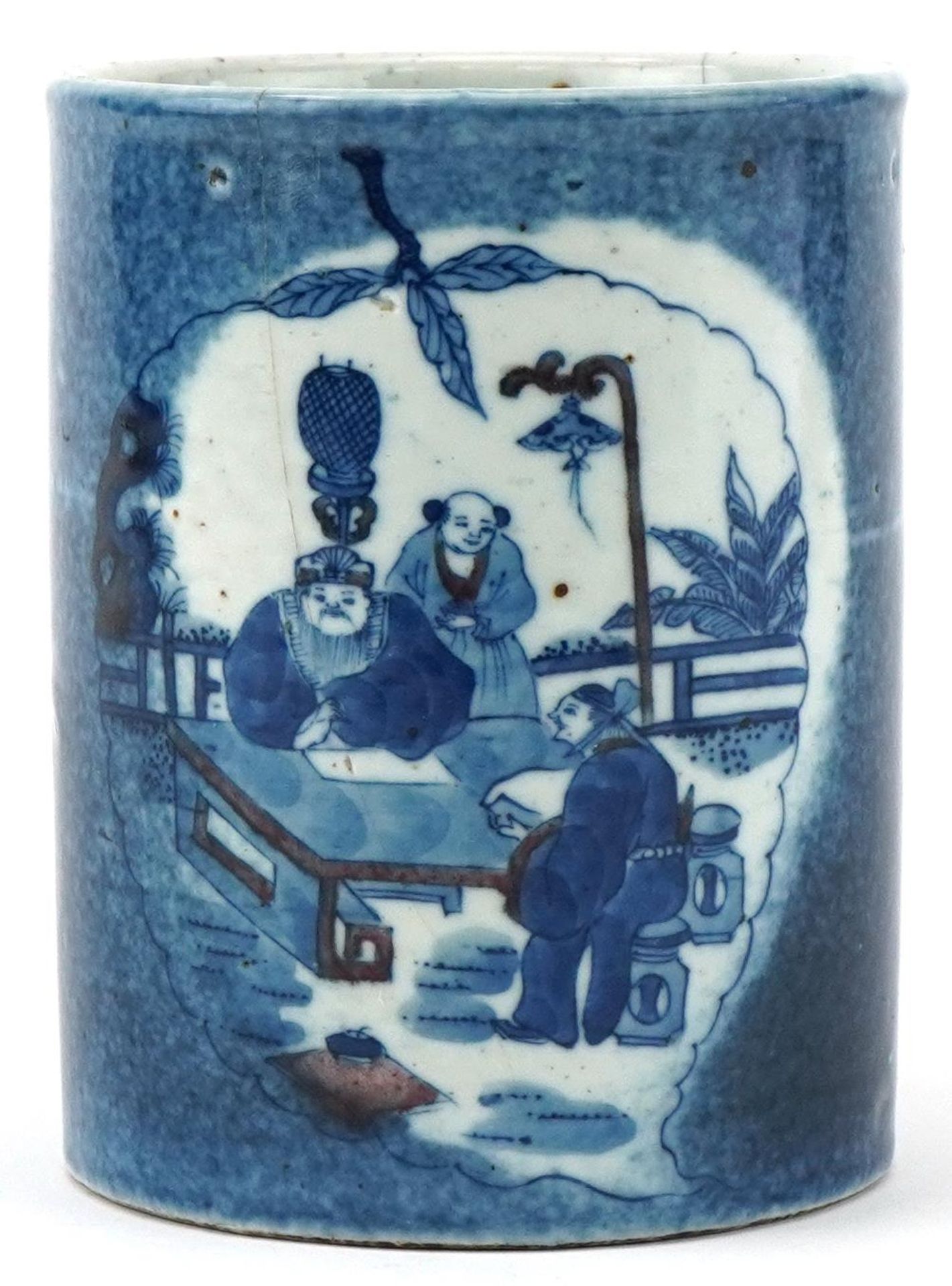 Chinese porcelain brush pot hand painted with elders, 12cm high