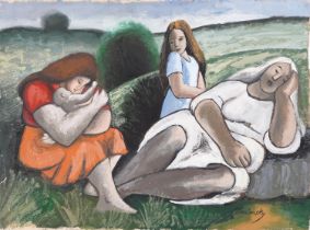 Style of Bernard Meninsky - Three ladies and baby in a summer landscape, gouache on thick paper,
