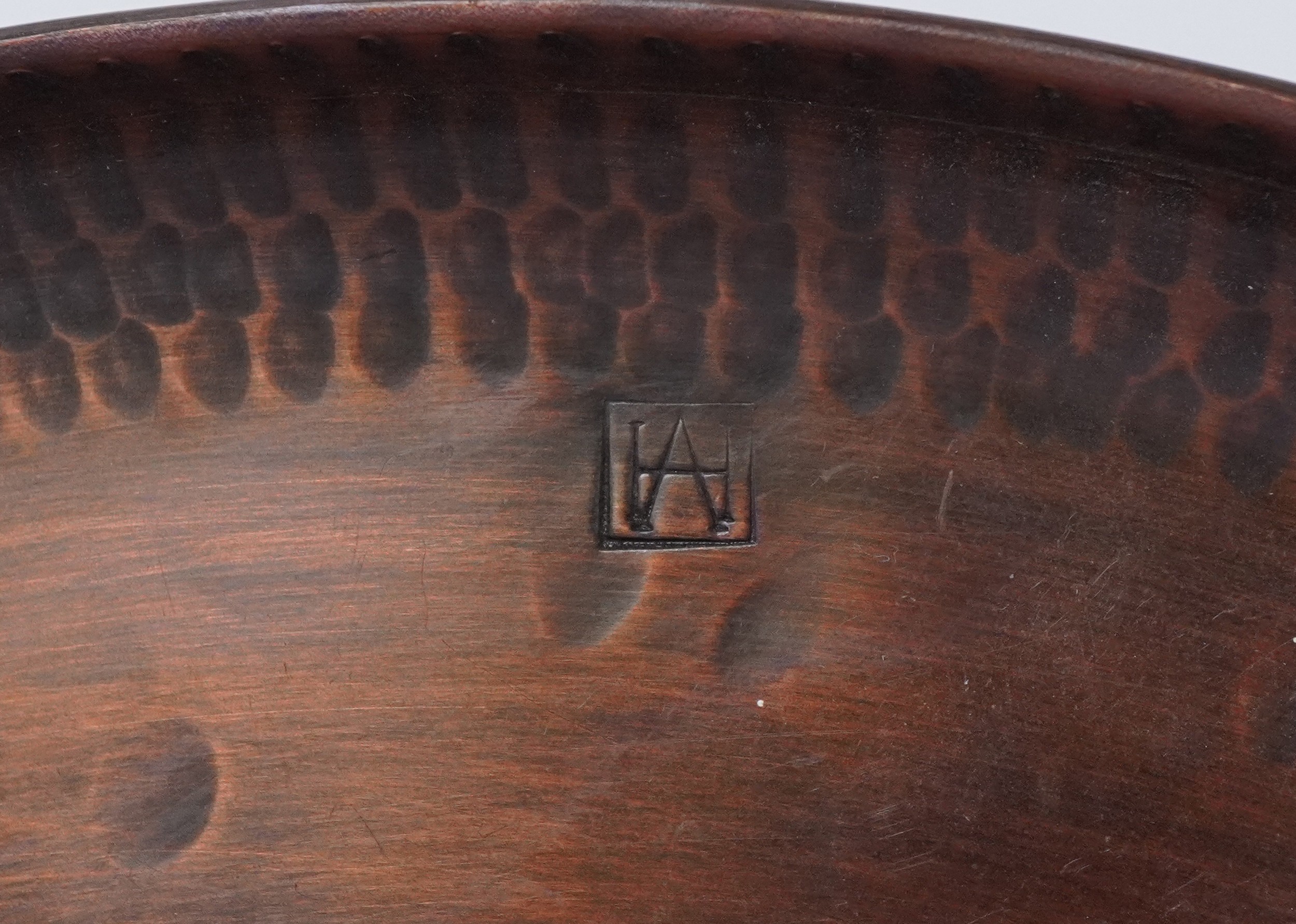 Hugh Wallis, Arts and Crafts copper, pewter inlaid acorn design tray, 27cm in diameter - Image 3 of 3