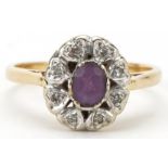 Unmarked gold amethyst and diamond cluster ring, size M, 3.4g