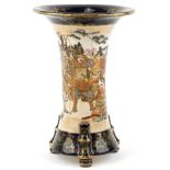 Large Japanese Satsuma pottery three footed vase hand painted with warriors in a landscape, six