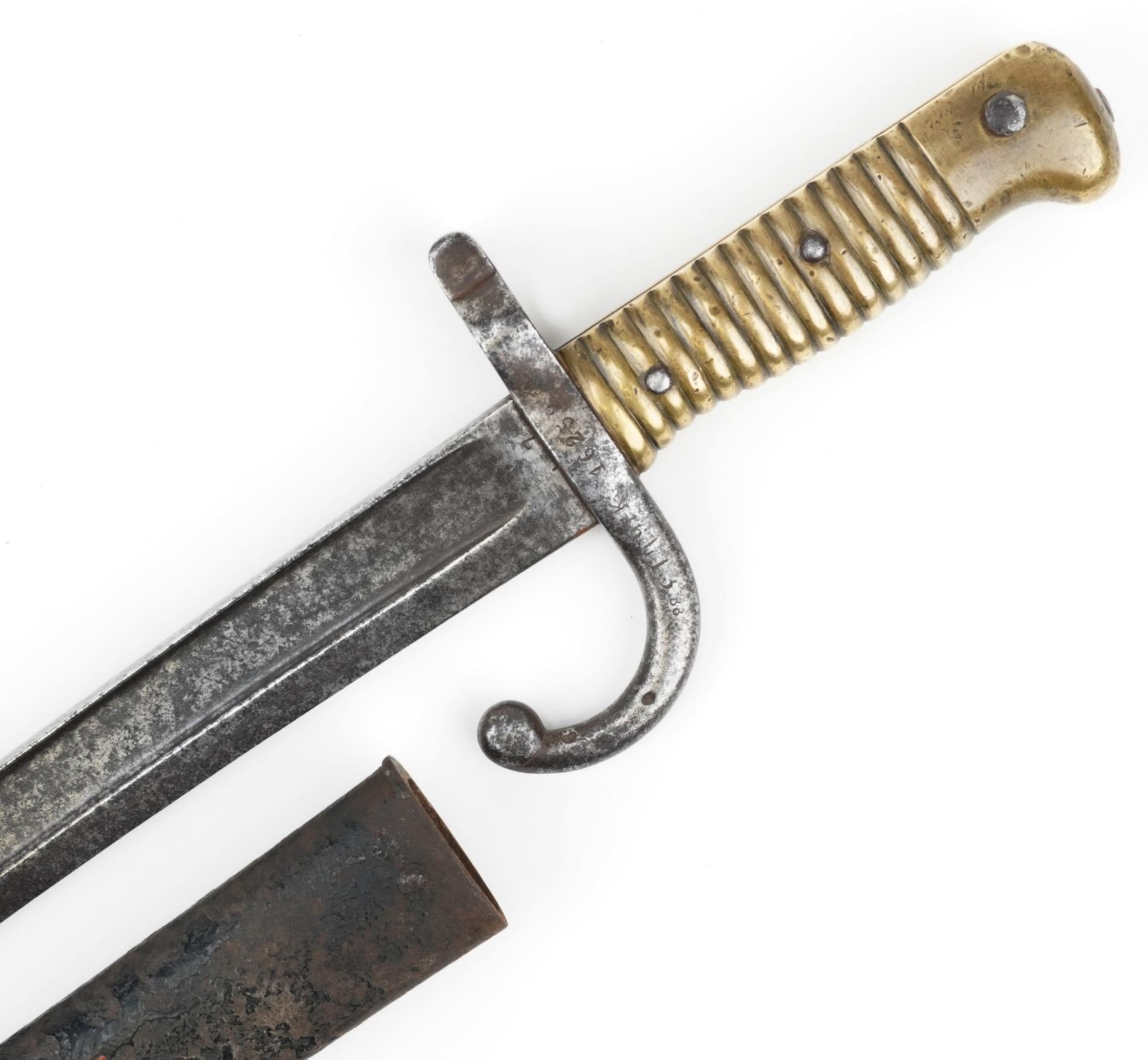 French military interest bayonet with scabbard and steel blade, 71cm in length