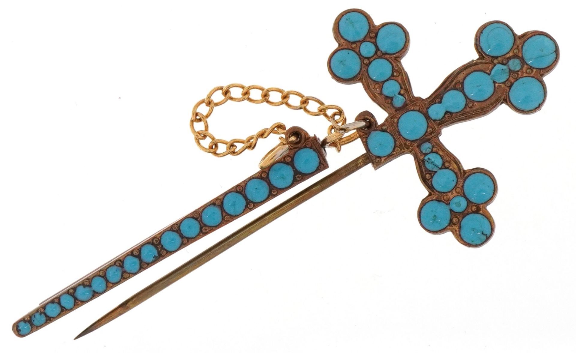 Vintage French yellow metal and turquoise enamel brooch in the form of a sword and scabbard,