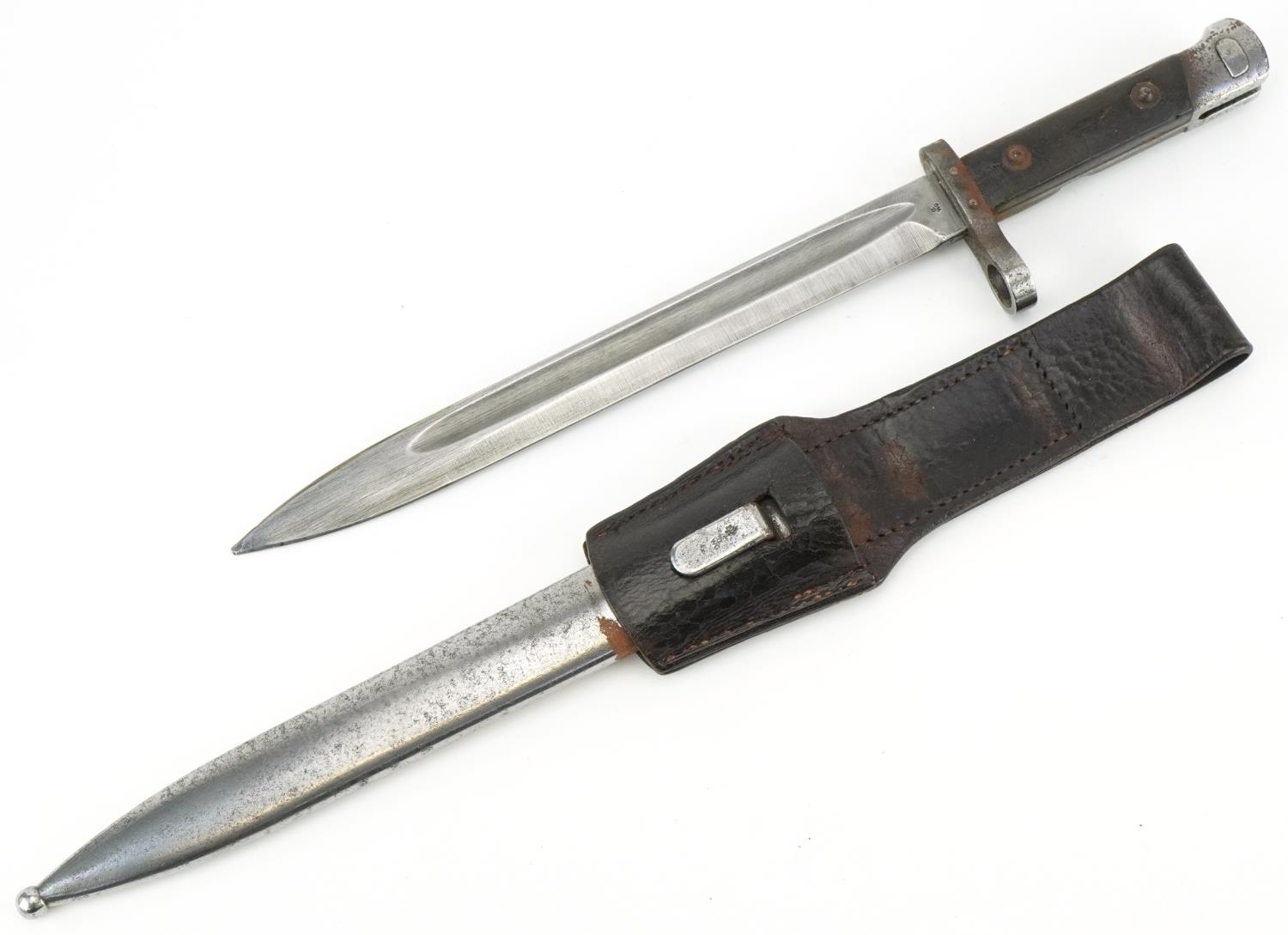 Military interest bayonet with scabbard and leather frog, various impressed marks, 40cm in length