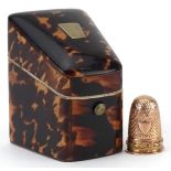 Victorian tortoiseshell thimble case with a unmarked gold thimble, tests as 15ct gold, 5cm high