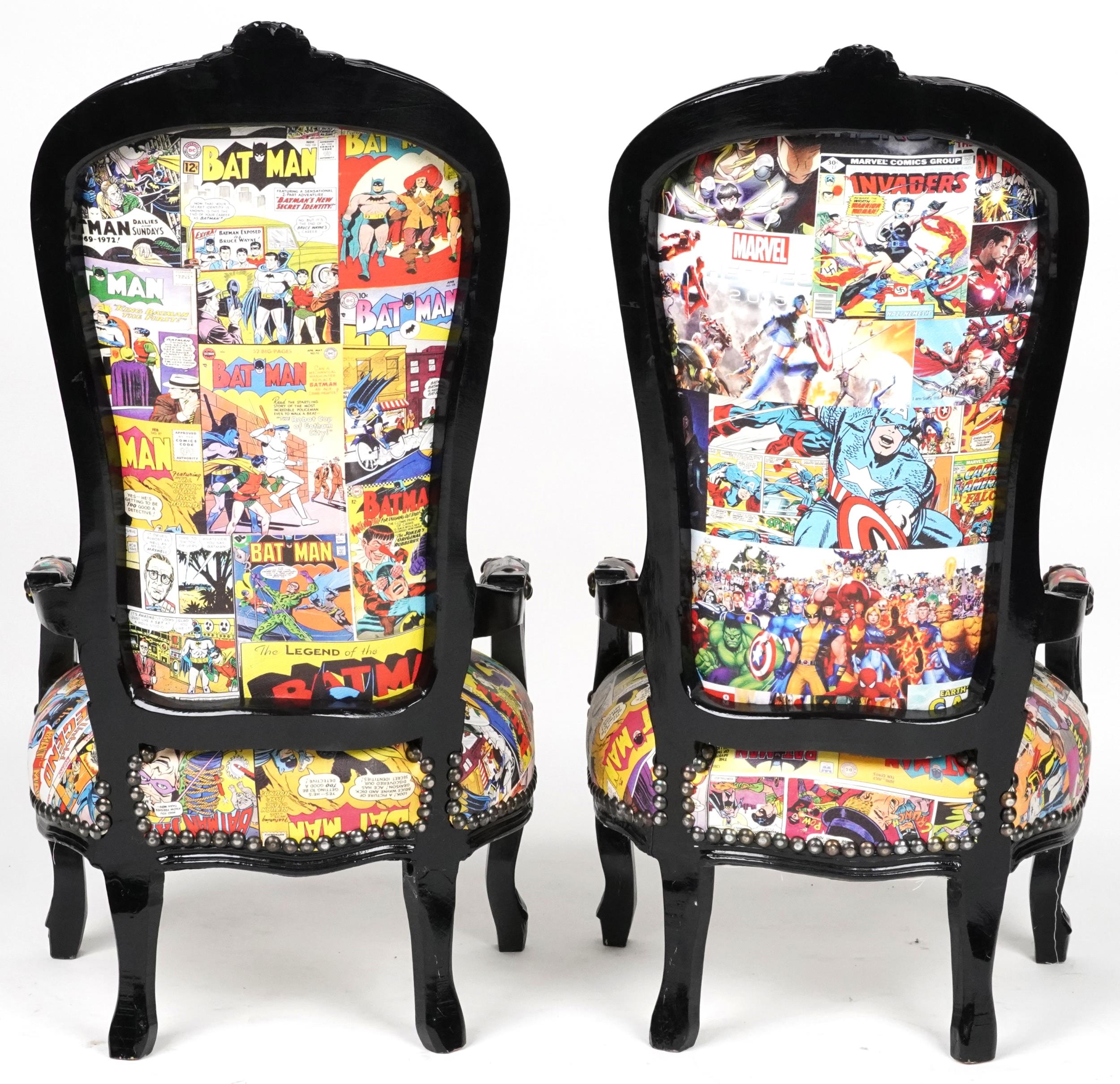 Pair of ebonised child's elbow chairs with comic upholstery, 100cm high - Image 4 of 4