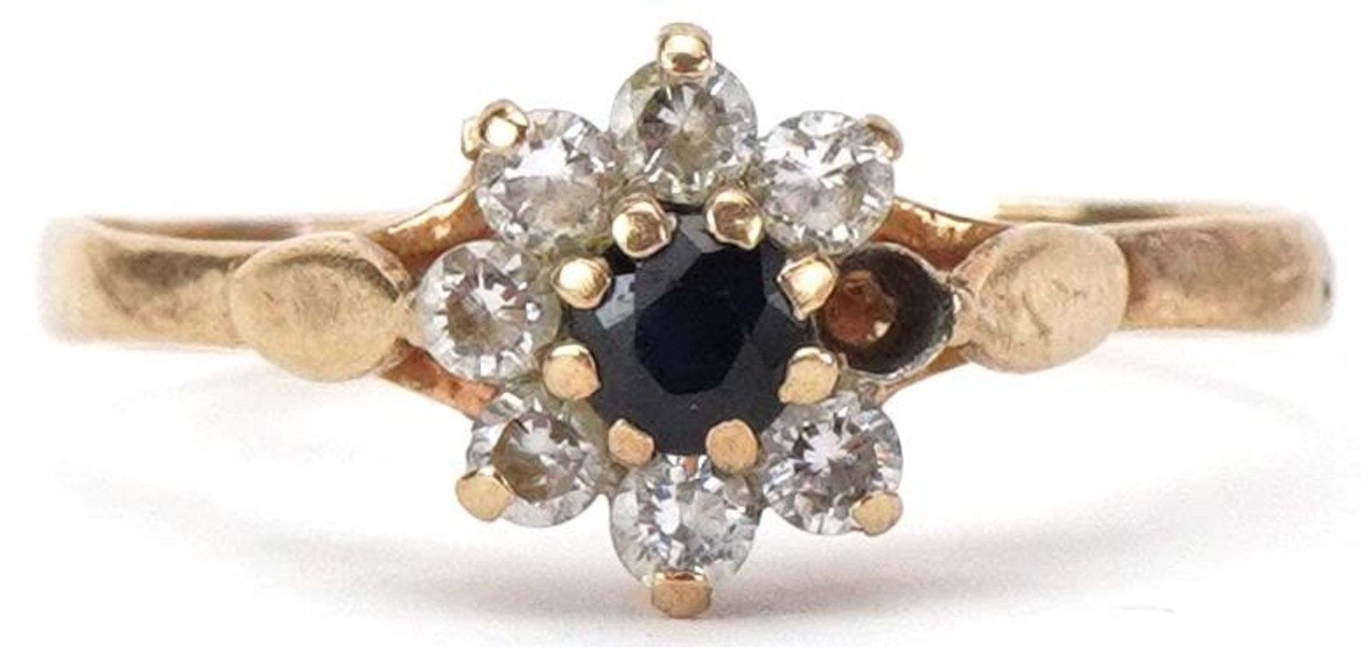 9ct gold sapphire and clear stone flower head ring, size O/P, 1.3g