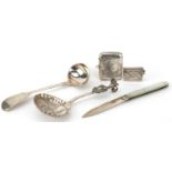 Victorian and later silver comprising a Dutch silver caddy spoon embossed with a figure and child,