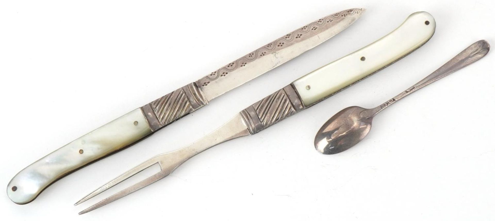 Georgian mother of pearl flanked silver folding fruit knife, fork and spoon set housed in a tooled - Image 3 of 7