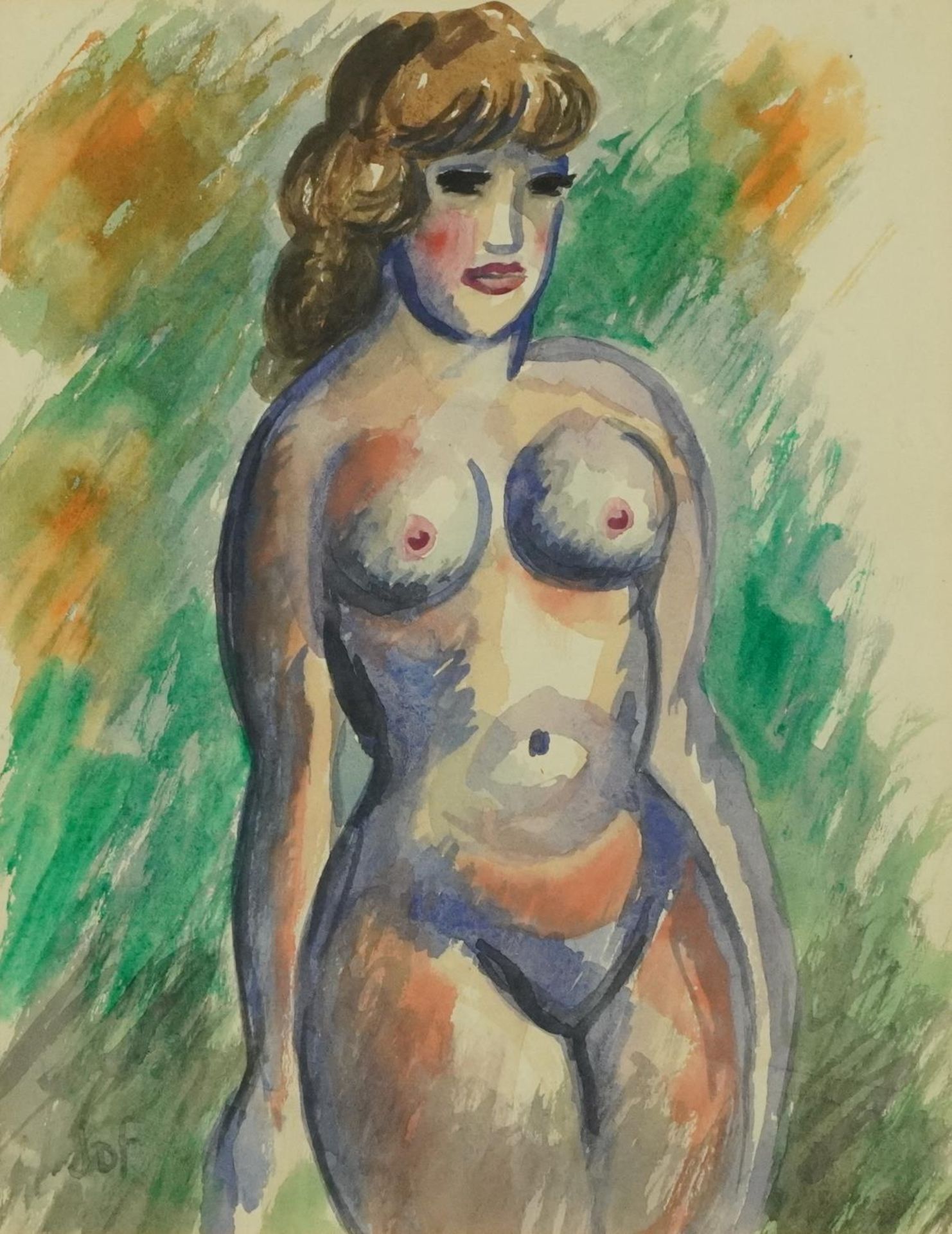 Circle of John Duncan Fergusson - Nude lady amongst orange trees, watercolour on paper, mounted