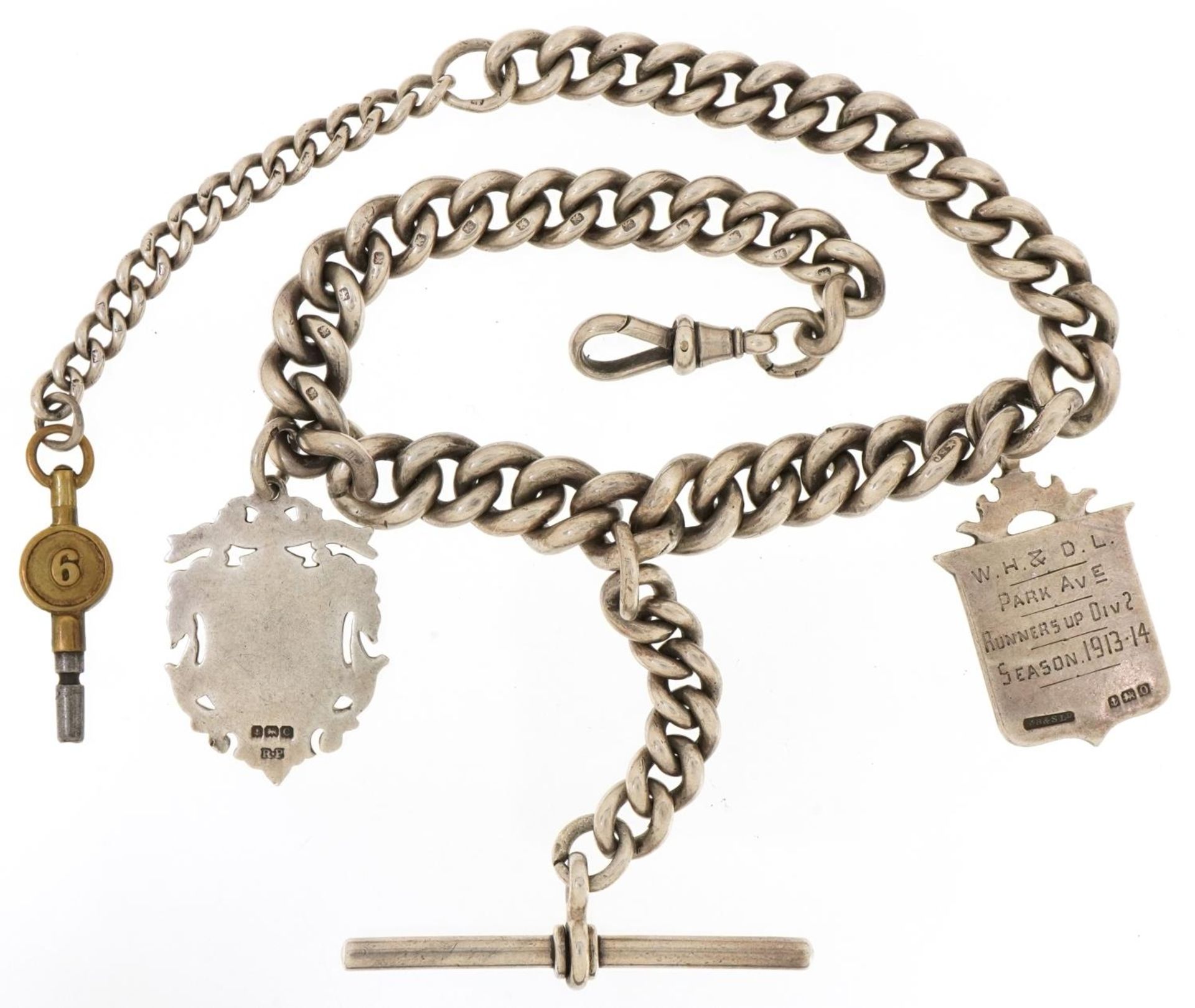 Heavy silver watch chain with T bar and two sports jewels, 38cm in length, 116.2g - Image 3 of 3