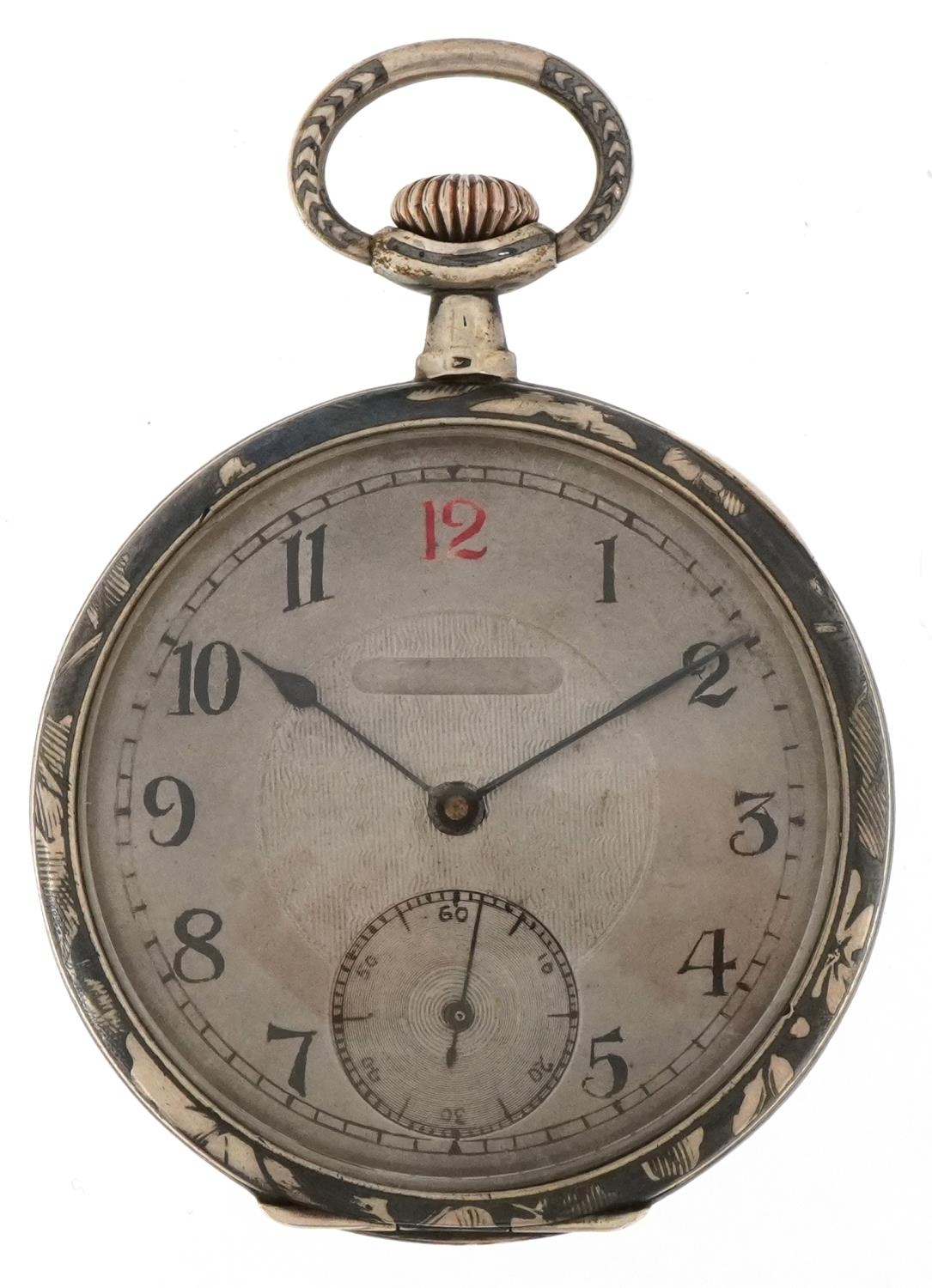 French Art Deco silver and gold niello work open face keyless pocket watch having silvered and