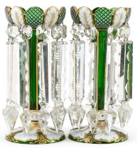 Pair of Victorian overlaid green glass lustres hand painted with leaves, having clear glass drops,