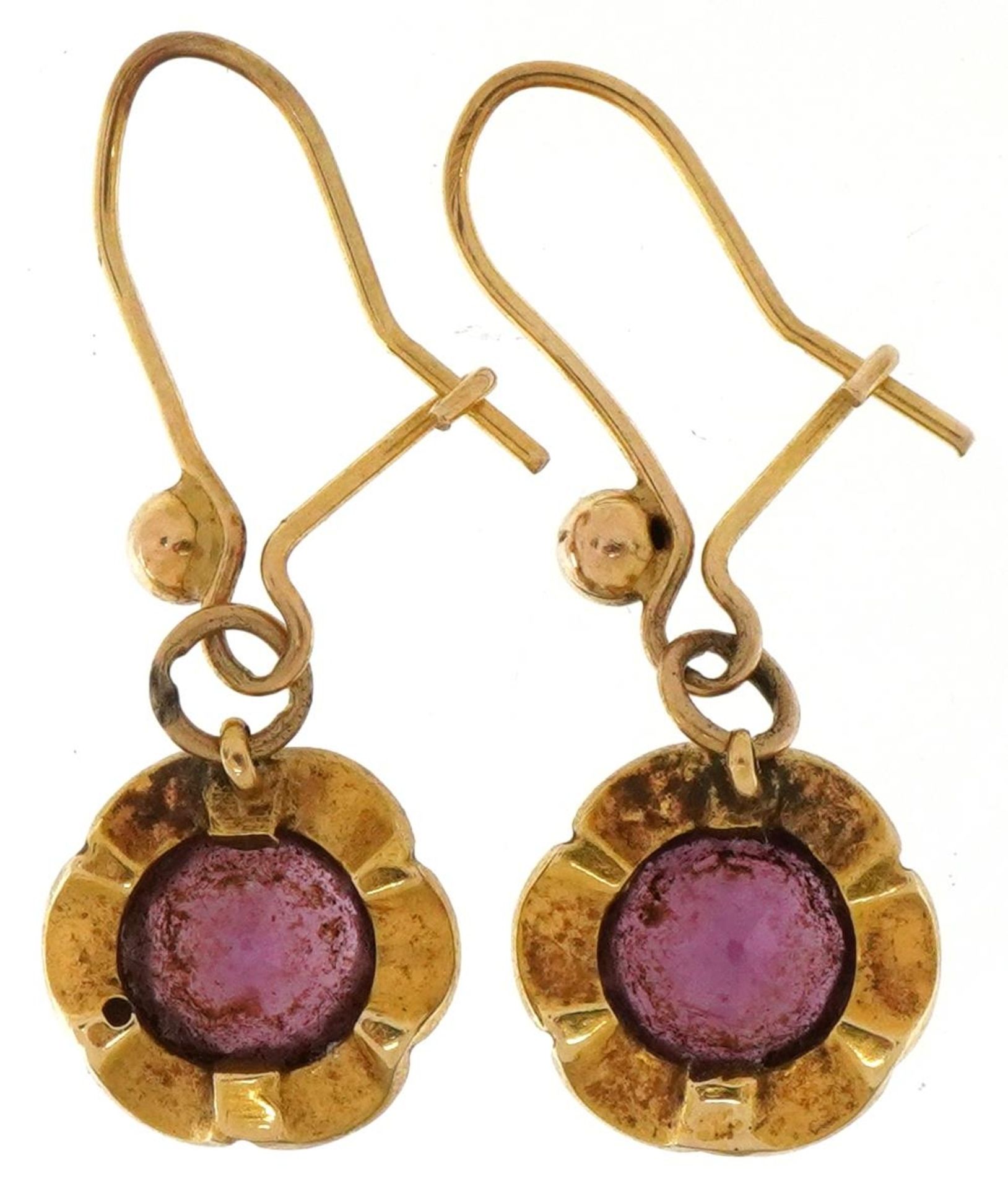 Pair of antique unmarked gold amethyst and white enamel drop earrings, each 2.7cm high, total 3.0g - Image 2 of 2