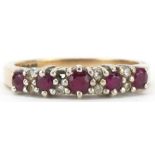 9ct gold diamond and ruby half eternity ring, size O/P, 3.0g