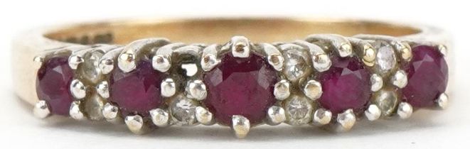 9ct gold diamond and ruby half eternity ring, size O/P, 3.0g