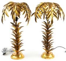 Pair of Hollywood Regency style gilt painted metal table lamps in the form of palm trees, each