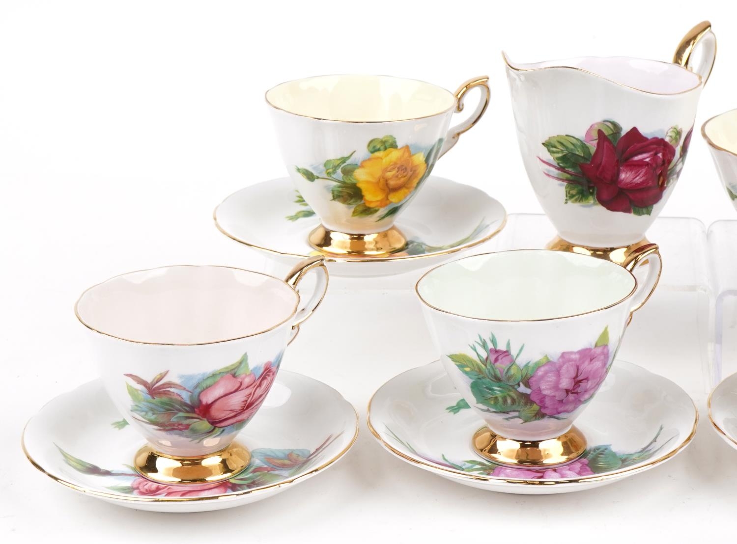 Paragon six place tea service comprising six cups with saucers, milk jug and sugar bowl decorated - Image 2 of 5