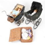 Two Victorian child's dolls prams and two composite dolls, the largest 84cm high