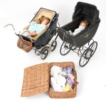 Two Victorian child's dolls prams and two composite dolls, the largest 84cm high