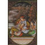 Figures on a terrace before moonlit water, Indian Mughal school painting on porcelain panel, mounted