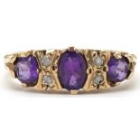 Victorian style 9ct gold amethyst and diamond seven stone ring with ornate setting, size N, 3.0g