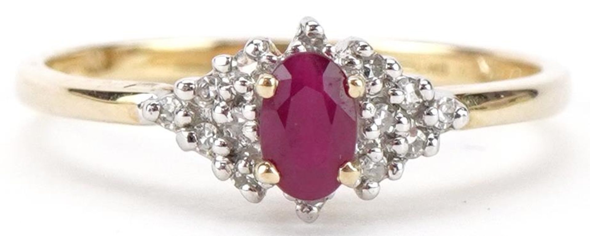 9ct gold ruby and diamond cluster ring, size P, 1.9g