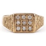 9ct gold clear stone square cluster ring with bark design shoulders, size V, 3.3g
