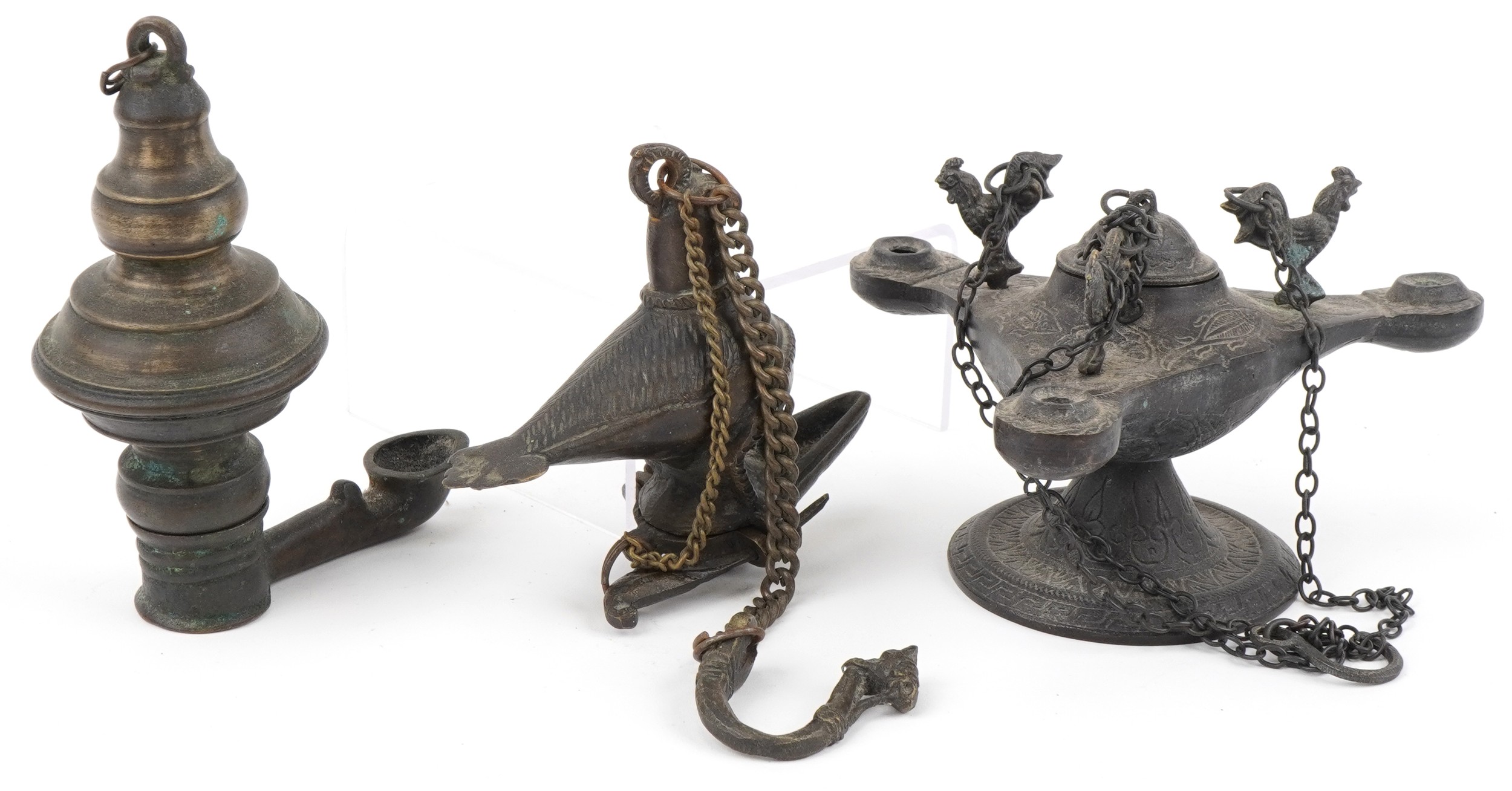 Two antique Indian bronzed hanging oil lamps, one in the form of a mythical bird and a Byzantine - Image 2 of 3