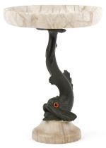 Victorian bronze and alabaster fish tazza with beaded glass eyes, 26cm high