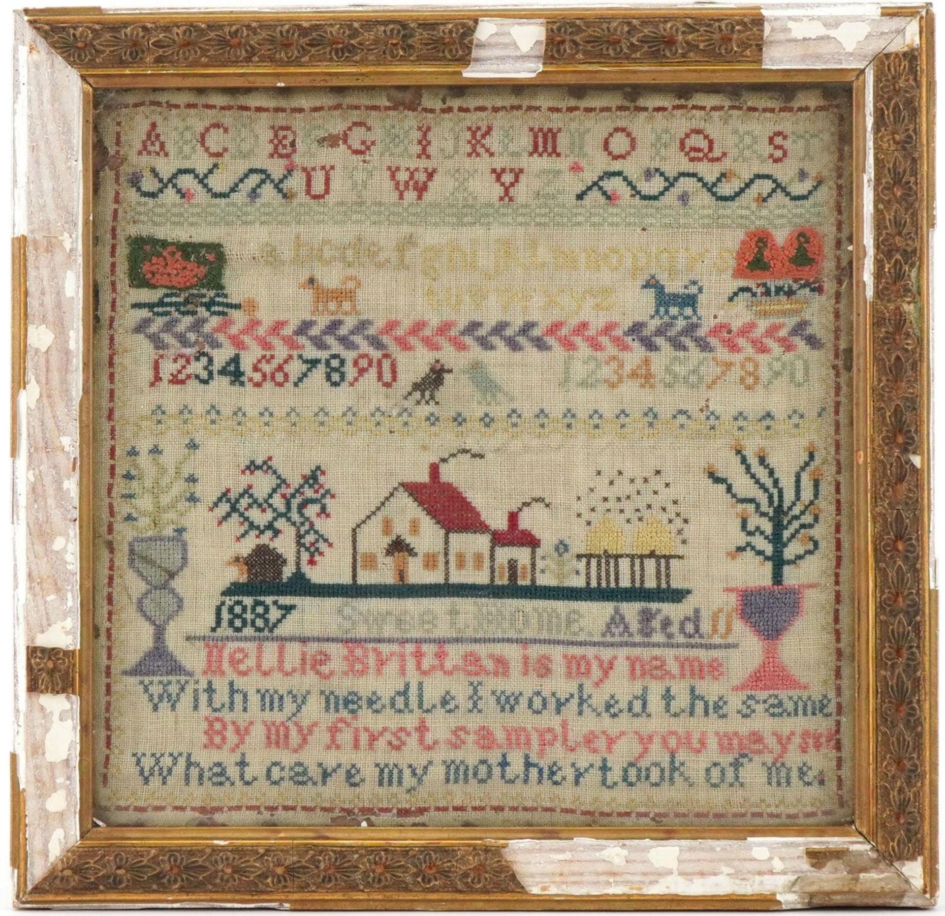 Victorian needlework sampler worked by Nellie Brittan aged eleven, dated 1887, framed and glazed, - Image 2 of 3