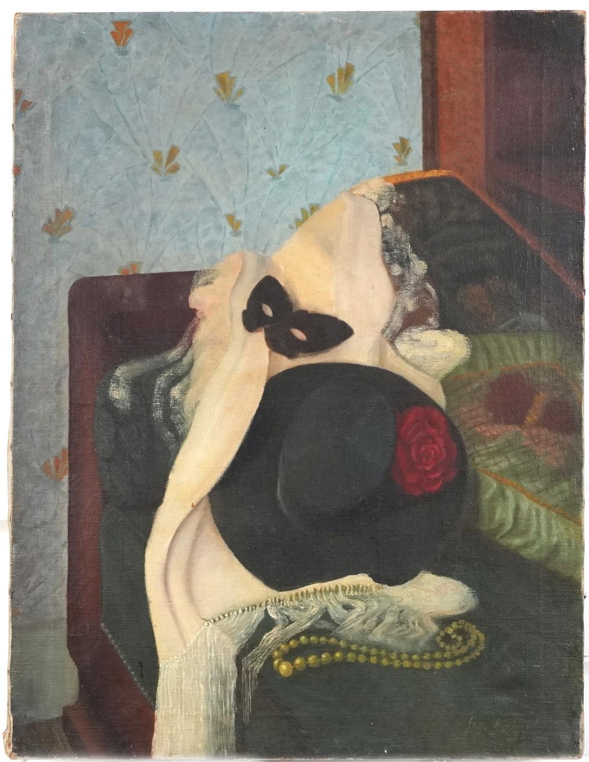 Boudoir interior with Harlequin mask, oil on canvas, unframed, 60.5cm x 46.5cm - Image 2 of 5