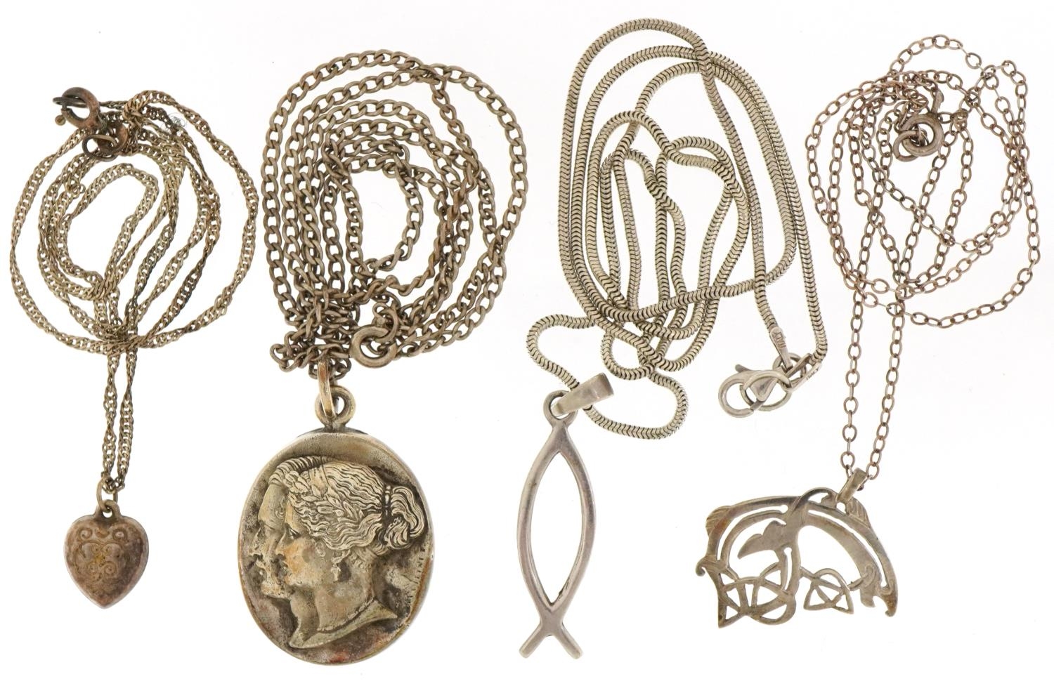 Four silver pendants on silver necklaces including engraved love heart and one Art Nouveau style, - Image 2 of 4