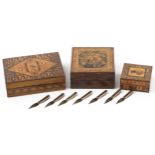 Three Victorian wooden Tunbridge Ware boxes including a stamp box example, the largest 2.5cm H x 8.