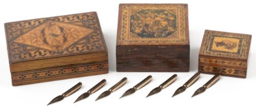 Three Victorian wooden Tunbridge Ware boxes including a stamp box example, the largest 2.5cm H x 8.