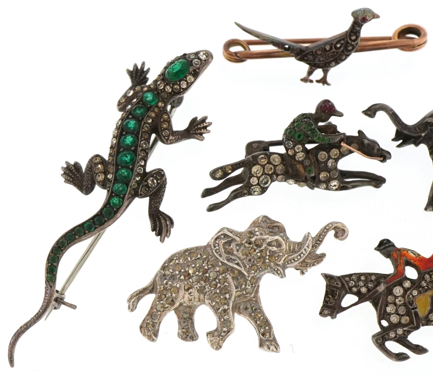 Six antique and later silver and white metal animal brooches including a pheasant set with diamonds, - Image 2 of 4