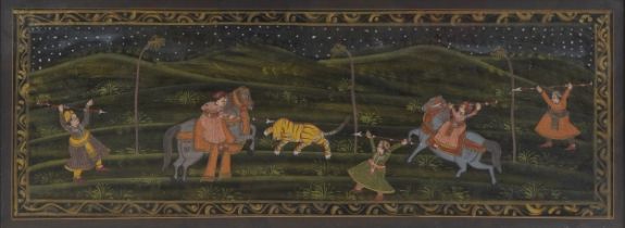 Middle Eastern hand painted silk picture of a tiger hunt, framed and glazed, 102cm x 37cm
