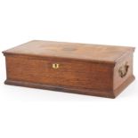 19th century oak workbox with fitted lift out interior and brass carrying handles, 14.5cm H x 48cm W