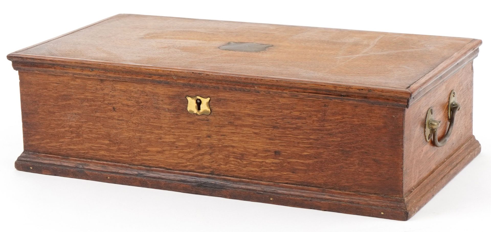 19th century oak workbox with fitted lift out interior and brass carrying handles, 14.5cm H x 48cm W