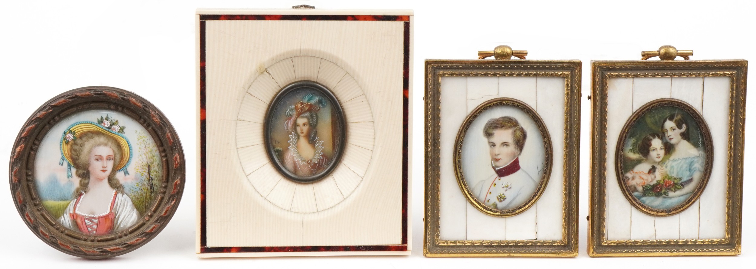 Four hand painted portrait miniatures including an oval example of two young females holding a