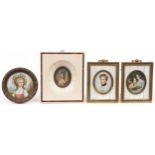 Four hand painted portrait miniatures including an oval example of two young females holding a