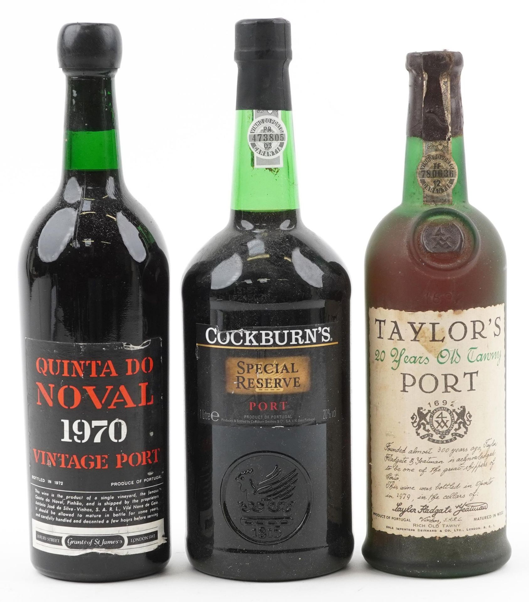 Three bottles of port comprising Taylor's 20 Years Old Tawny port, Cockburn's Special Reserve and