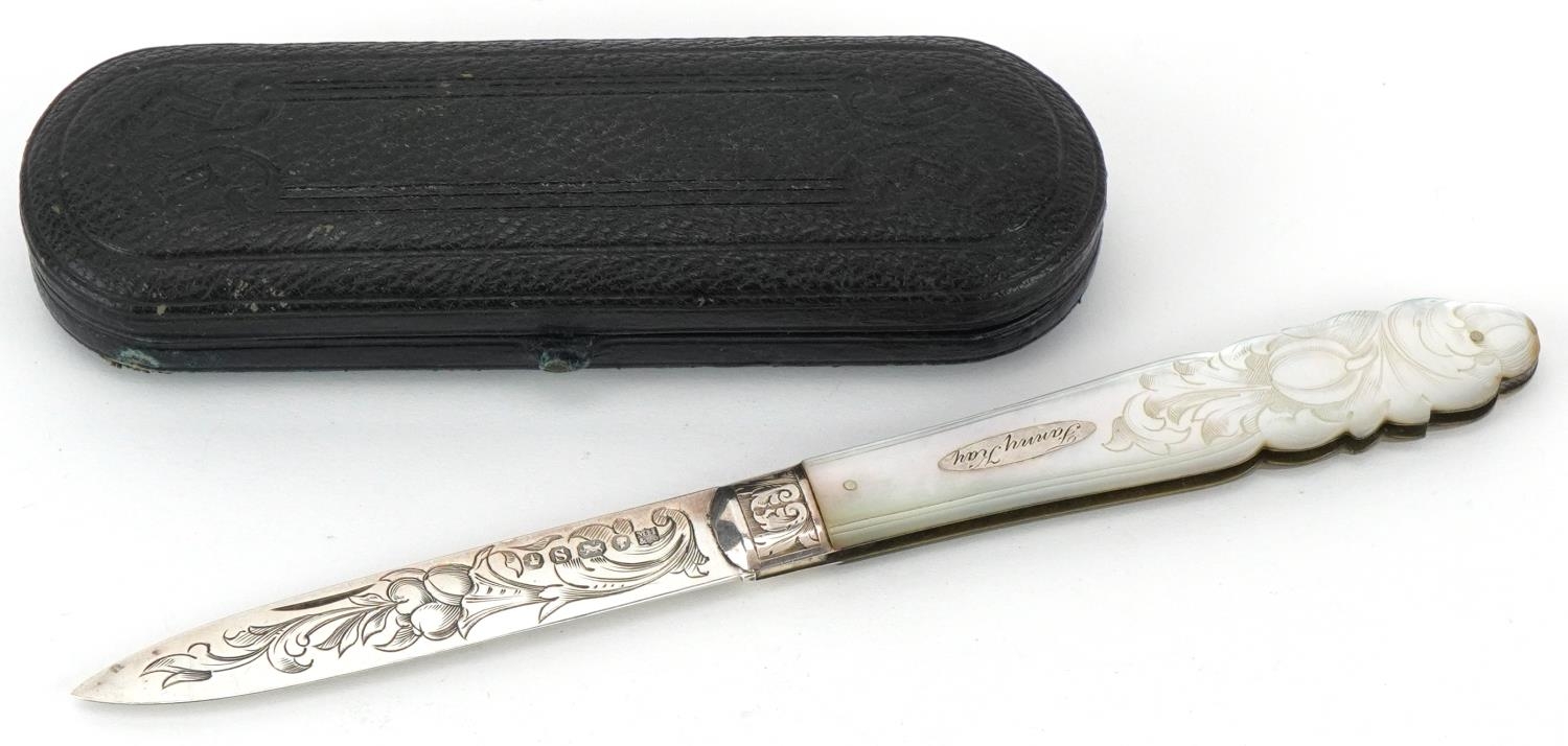 Martin, Hall & Co, Victorian mother of pearl flanked silver folding fruit knife having floral