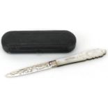 Martin, Hall & Co, Victorian mother of pearl flanked silver folding fruit knife having floral