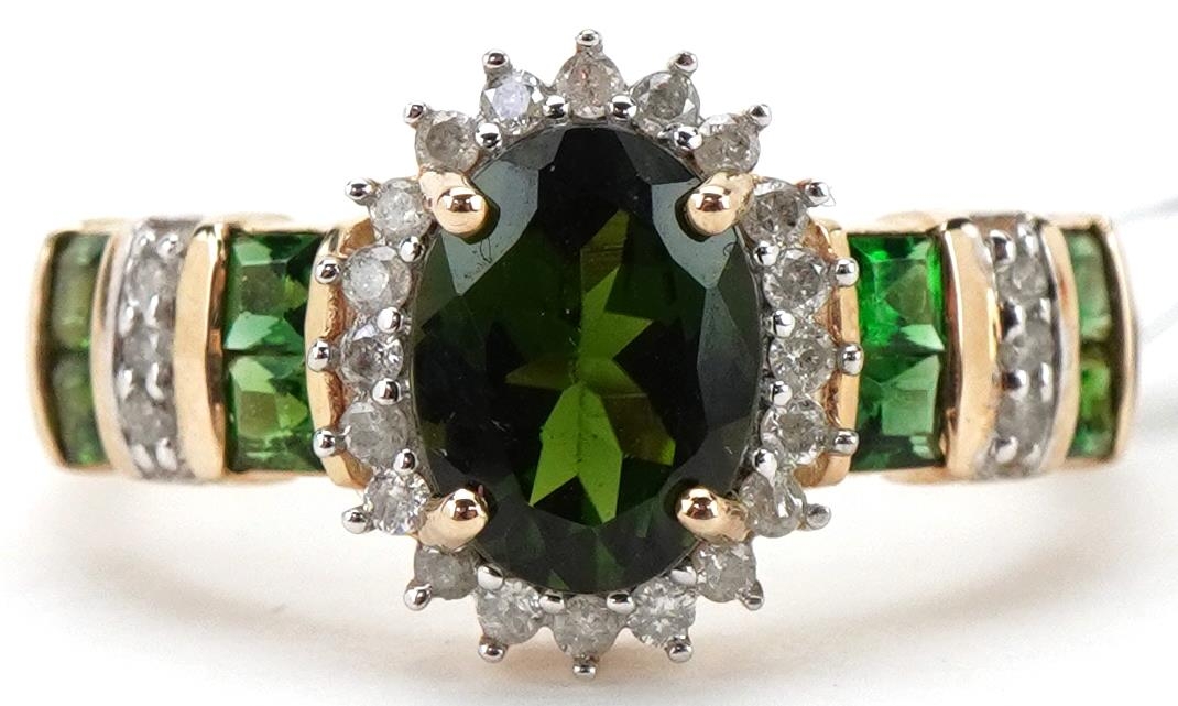 9ct gold chrome tourmaline and diamond cluster ring, size L/M, 2.5g