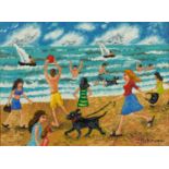 Busy modern beach scene, oil on acrylic signed Robinson, framed, 38cm x 28cm excluding the frame