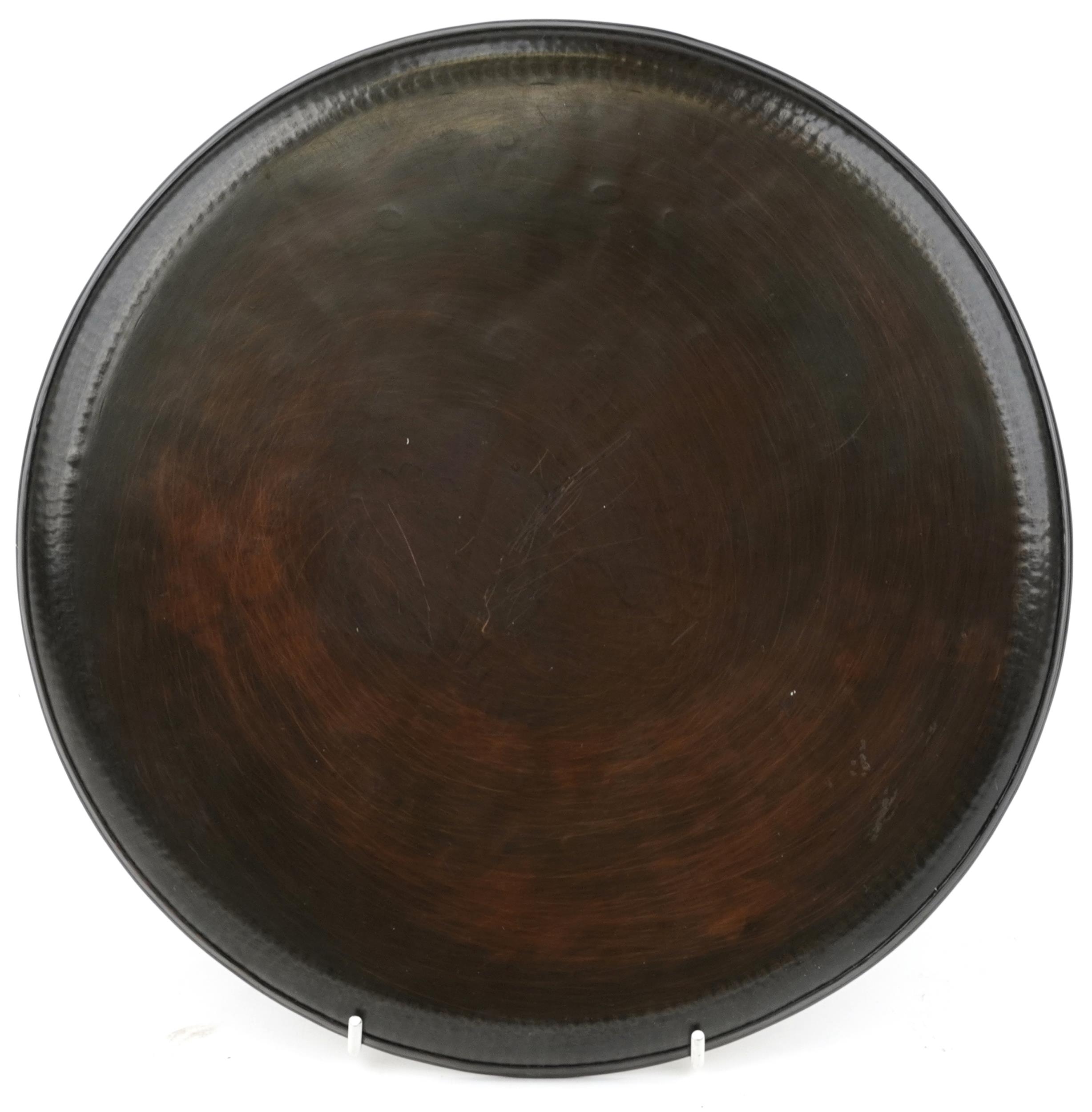 Hugh Wallis, Arts and Crafts copper, pewter inlaid acorn design tray, 27cm in diameter - Image 2 of 3